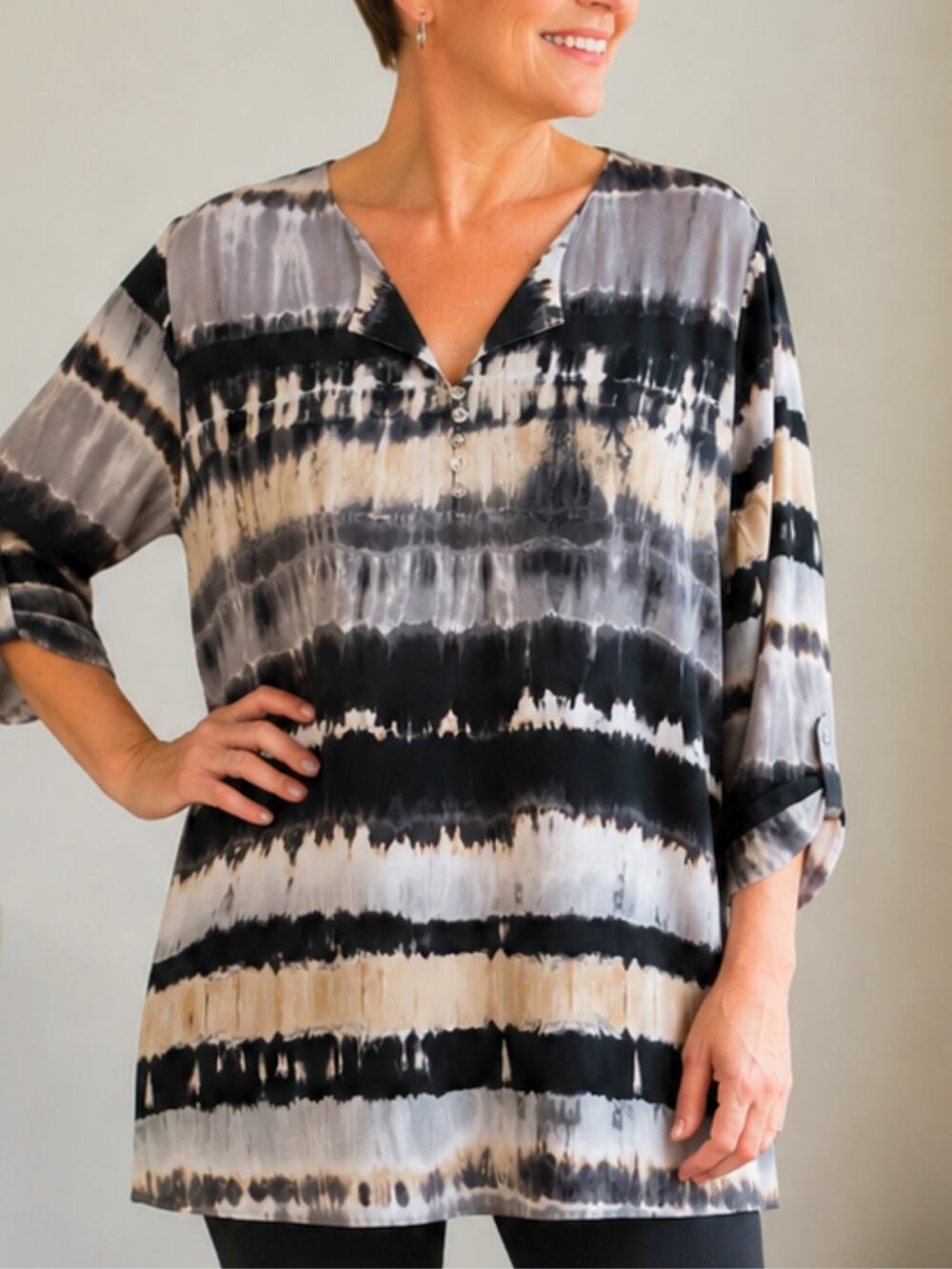 Susan Graver Liquid Knit Tie-Dye Tunic XL | Roll Tab Button Front Blouse